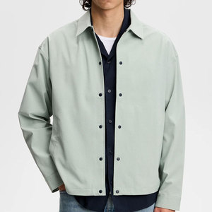 Men's Light Green Cotton Shirt Jacket Casual Turn-down Collar Regular Sleeve Solid Color Single Breasted Loose Fit Spring Wear - Product Image 1