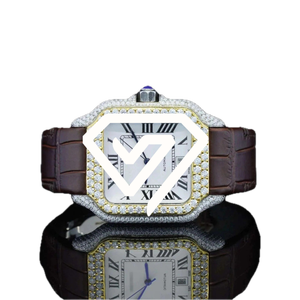 Montre carrée pour homme, aspect diamant moissanite, chiffres romains, cadran blanc, bracelet en cuir marron, montre automatique de luxe - Product Image 5