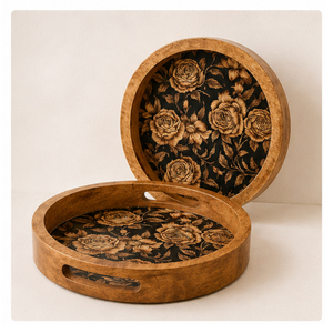 Plateau de service rond en bois de manguier artisanal de luxe avec imprimé floral vintage rose, organiseur de table pour café, thé et collations - Product Image 6
