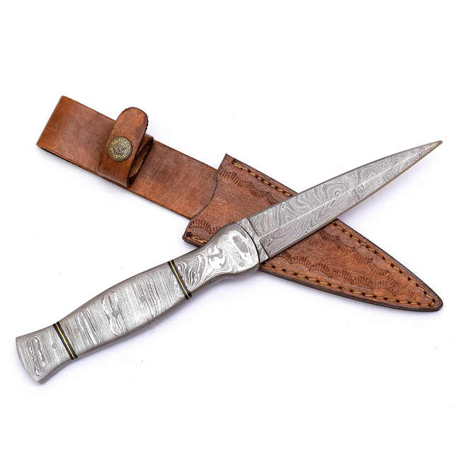 Burraq Custom Handmade 9-inch Damascus Steel Skinner Knife 2mm Thick Damascus Steel Handle Leather Cover for Outdoor Use