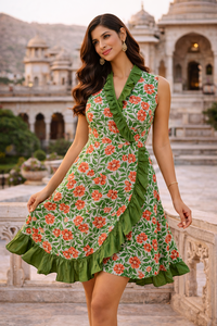 ชุดเดรสอังกรากาพิมพ์ลายดอกไม้แบบแฮนด์บล็อก แขนกุด คอวี ยาวระดับข้อเท้า แต่งระบายเป็นชั้นๆ ทรงเอไลน์ ชุดลำลองสำหรับผู้หญิง ชุดเดรสยาวสำหรับฤดูร้อน - Product Image 6