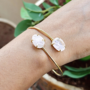 Natural rose quartz raw gemstone 18k gold plated <b>adjustable</b> cuff <b>bracelet</b> handcrafted open bangle brass metal statement jewelry - Product Image 5