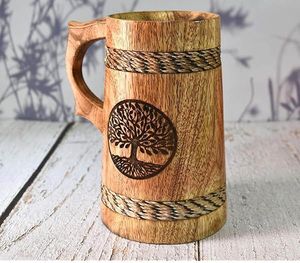 Mug en bois de haute qualité gravé, pour la bière et le vin, provenant d'un fournisseur indien pour l'exportation en gros, taille personnalisée, vaisselle - Product Image 2