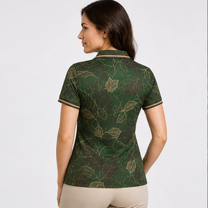 Custom Forest Green Gold <b>Botanical</b> Leaf <b>Print</b> Womens Polo Shirt Quick Dry Breathable Short Sleeve Golf Team Uniform WPS-0705 - Product Image 2