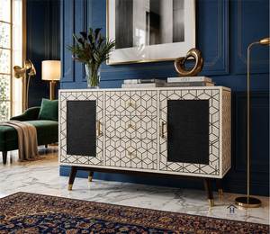 Commode en bois sculptée à la main avec incrustations en os, meuble de rangement élégant d'Inde - Product Image 2