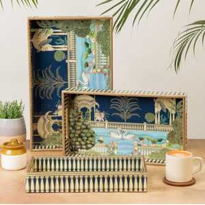 Plateau de service en bois imprimé émail, ensemble de 3 pièces, motif cygne gravé or, Art Déco, décoratif haut de gamme pour la maison et la cuisine - Product Image 1
