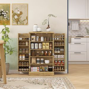 Armadio Dispensa Moderno da Cucina 41 Pollici con 12 Ripiani e 5 Livelli Regolabili in Rattan Naturale - Product Image 2