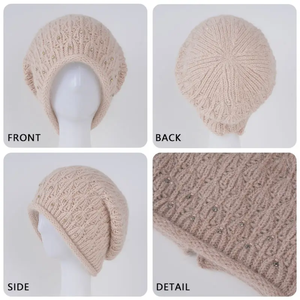 Bonnet élégant tricoté à la main avec décoration en strass pour femmes, couleur unie, casquette chaude d'hiver, style décontracté, taille adulte 56-58CM - Product Image 5