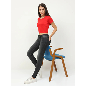 Women's <b>Red</b> <b>Cropped</b> T-Shirt O-Neck Short Sleeve Solid Color Casual <b>Top</b> Spring Summer Style Regular Fit Knitted Cotton - Product Image 2