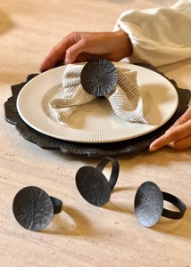 Modern <b>Matte</b> Black Sunburst Napkin Rings For Elegant Dining <b>Table</b> Decor Large Round Textured Black Metal Napkin Holder - Product Image 4