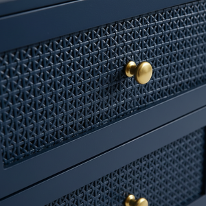 Mesa Auxiliar Moderna Ecológica de 2 Cajones con 5+ Compartimentos, Madera de Caucho, MDF, Chapa de Roble y Detalles de Ratán - Mesa de Almacenamiento para Lateral/Cama - Product Image 5