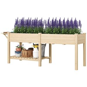 Fioriera Rialzata in Legno Naturale con Tavolino Laterale e Ripiano Inferiore, Fori di Drenaggio e Funzionalità di Irrigazione - Product Image 1