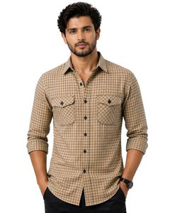 Customized Beige Black Grid Check Casual Shirt For Men Slim Fit Long Sleeve Button Down Cotton Stylish Premium Quality Wear - Product Image 1