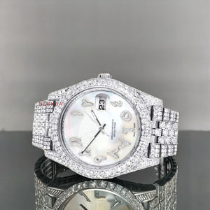 Montre de fête en diamant à cadran en nacre faite à la main, montre Moissanite à chiffres arabes de style Hip Hop, montre Moissanite réglée à la main - Product Image 2