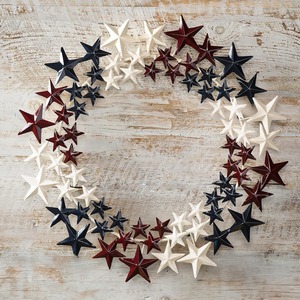 Patriotic Star Wreath Featuring Clusters Of Dimensional Metal Stars Painted In Modern Red, White, And Navy Blue Tones For Decor - Product Image 2