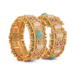 Premium Quality Metal Bangle with Mint Green Centre <b>Ruby</b> Stone Work Meena Metal Flower Pattern Crystal Bead Chains and Ghungroos - Product Image 3