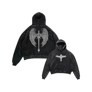 Sudadera con capucha unisex Y2K con pedrería, lavado ácido, gráfico gótico, oversize, estilo grunge, estampado de calavera y alas, corte casual, tipo jersey - Product Image 1