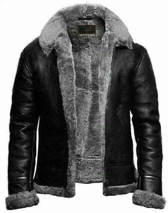 Vestes en cuir doublées de fourrure pour hommes, veste d'aviateur imperméable avec garniture en fourrure, coupe-vent, style hiver, ceinture, fermeture éclair - Product Image 4