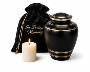Urna Funeraria de Metal Negra y Dorada, Urna Crematoria para Adultos, Recipiente Conmemorativo con Bolsa de Terciopelo - Product Image 1