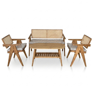 Modern Scandinavian Malmo Teak Rattan Non-Foldable Living Room Set Natural Finis Premium Oval Coffee Table Shelf <b>Cane</b> <b>Sofa</b> Hotel - Product Image 1
