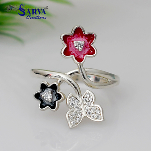 Enamel Floral Butterfly <b>Ring</b> 925 Sterling <b>Silver</b> CZ Accents Colorful Flower Design <b>Adjustable</b> Statement <b>Ring</b> Elegant Nature - Product Image 5