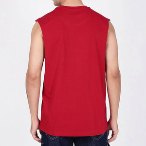 Men's Red Sleeveless O-Neck Jersey T-<b>Shirt</b> With <b>Patchwork</b> Print Casual Style Regular Fit Cotton Breathable Front Logo - Product Image 3