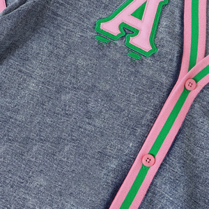 Cardigan en jean délavé à l'acide, rose et vert, avec bordure rayée et lettres brodées, personnalisable pour sororité, vente en gros - Product Image 6