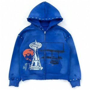 Sweat à capuche zippé bleu personnalisé pour homme, style Y2K, avec graphiques, clouté, effet vieilli, streetwear, en coton épais, coupe oversize, délavé - Product Image 1