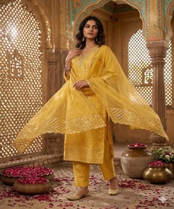 Conjunto de Kurti de Algodón con Tejido Jacquard de Lujo, Top y Pantalón con Dupatta, Ropa Festiva de Secado Rápido, Precio al por Mayor, Multicolor - Product Image 3