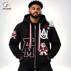 Sweat à capuche zippé noir pour homme avec imprimé lettres A&M et logo Bulldog – Coupe décontractée, respirant, idéal pour l'automne |   Coupe classique |   Design - Product Image 1