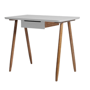 Escritorio compacto de estilo escandinavo, con un cajón superior central y patas de madera inclinadas y duraderas. - Product Image 2
