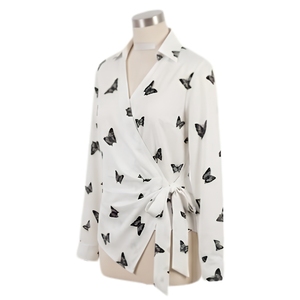Butterfly Print Wrap <b>Blouse</b> Long Sleeve V-Neck White Women's Top - Product Image 3