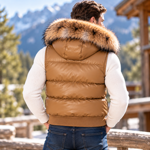 <b>Men's</b> Autumn Breathable Leather Puffer <b>Vest</b> with Fox Fur Hood | Herren Autumn Lederweste Mit Fuchspelzkapuze - Product Image 2