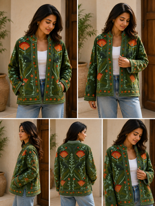 Velvet Sujani Art Embroidered Floral Pattern Open Front <b>Reversible</b> Thick Boho Chic Winter <b>Jacket</b> with Zipper Closure Woven - Product Image 2