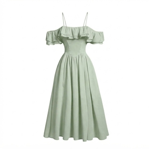 Robe trapèze épaules dénudées pour femme, couleur unie, en satin plissé, ajustée, élégante, pour soirée, printemps, décontractée, en tissu tissé - Product Image 2