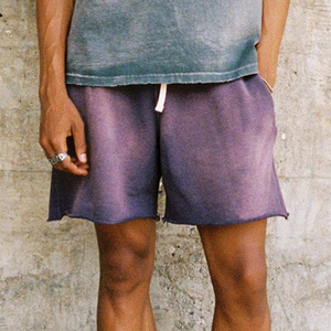 Shorts en coton épais délavé à l'acide pour homme, style vintage usé, streetwear, jogging, sport, effet soleil, couleur unie, 100% coton - Product Image 4