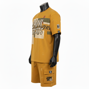 ชุดเสื้อยืดและกางเกงขาสั้นผู้ชาย ผ้าคอตตอนเจอร์ซีย์พรีเมียม GSM เนื้อนุ่ม ระบายอากาศได้ดี สีมัสตาร์ด พิมพ์ลายสกรีน โลโก้สั่งทำได้ - Product Image 4