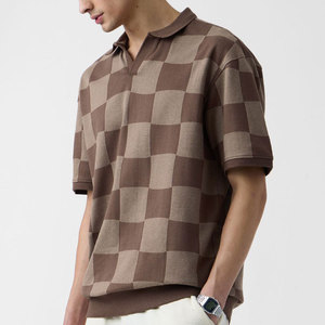 Polo de Punto a Cuadros Marrón para Hombre, Estilo Casual, Manga Corta, Patrón Geométrico Informal, Corte Regular - Product Image 2