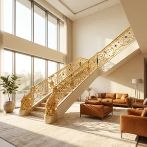 Rampe d'escalier en fer forgé doré de luxe avec décor floral orné pour villa, manoir, hôtel et décoration intérieure - Product Image 3