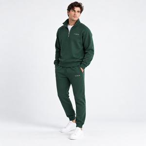 Conjunto de Sudadera Verde con Cierre de Cremallera para Hombre, Corte Regular, Color Sólido, Pantalones Deportivos Casuales con Bolsillo Frontal con Logotipo, Ropa de Otoño - Product Image 1