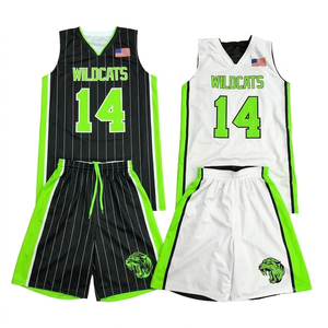 Ensemble d'uniformes de basketball réversibles personnalisés par sublimation OEM, 100 % polyester mesh, noir à rayures fines et vert fluo, kit de numéros personnalisés - Product Image 1