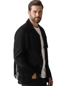 <b>Men's</b> Black <b>Suede</b> Leather <b>Jacket</b> With Fringe Turn-down Collar Casual Autumn Style Regular Fit Single Breasted - Product Image 3