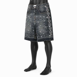 Shorts en jean personnalisés brodés de strass pour hommes, style vintage délavé, coupe ample, streetwear, OEM ODM, vente en gros - Product Image 3