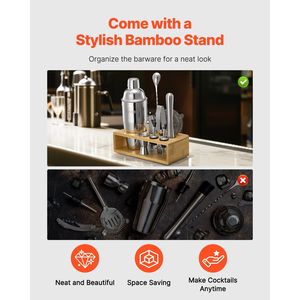 Juego de Coctelería de 10 Piezas de Acero Inoxidable, Kit de Barman con Soporte de Bambú, Mezclador, Cuchara, Agitador de Martini para Cócteles - Product Image 5