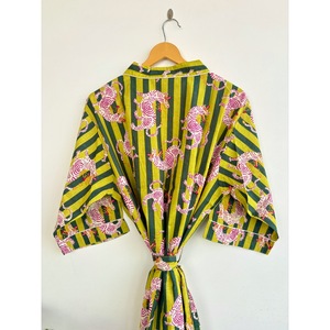 Printed <b>Animal</b> <b>Pattern</b> Breathable 100% Cotton Kimono Robe with Belt Long Sleeve Maxi Length Loose Fit Striped Design Cover-Up - Product Image 3