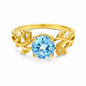 Bague Feuille en Topaze Bleu Ciel Plaqué Or, Bague Statement en Laiton Faite à la Main, Bague en Pierre Précieuse d'Inspiration Naturelle, Mode Féminine - Product Image 1