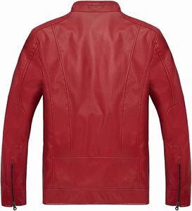 Blouson moto homme en cuir PU rouge, col montant, fermeture éclair, coupe ajustée, longueur standard, couleur unie, style motard, pour l'automne - Product Image 3