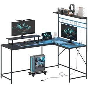 Scrivania da Gaming a L Nera da 156 cm con Prese di Corrente e Luci LED, Scrivania per Computer con Supporto Monitor e Ripiano CPU - Product Image 1