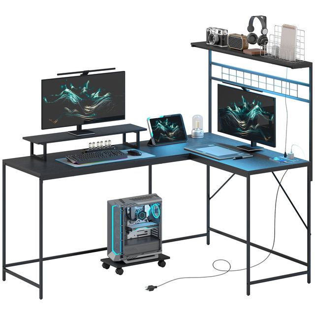 61.6\" Black L-Shaped Gaming Desk with Power Outlets & LED Lights Computer Desk with Monitor Stand & CPU Shelf