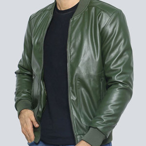 Chaqueta Bomber de Cuero PU Verde para Hombre, Cuello Camisero, Cierre de Cremallera, Estilo Casual para Otoño - Product Image 2